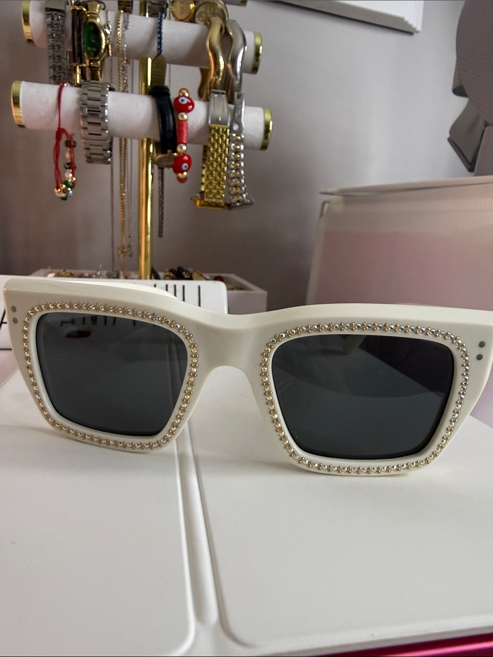 Celine White Rectangular Sunglasses with Crystal Trim and Dark Lenses